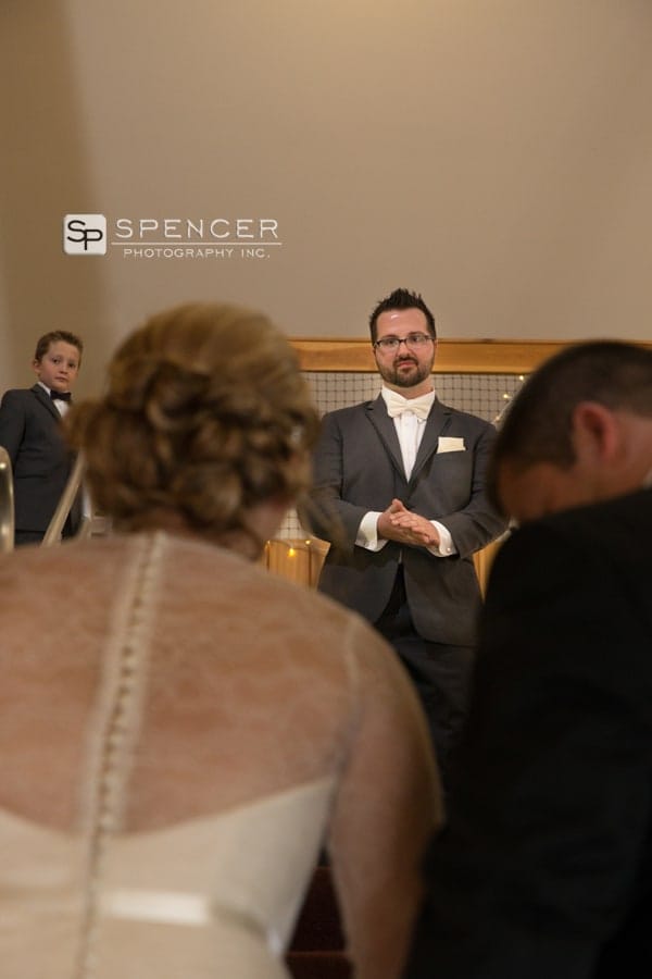groom meeting bride at wedding ceremony at breitenbach