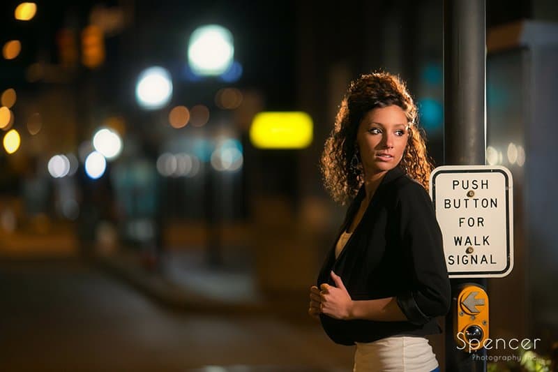 nighttime senior picture in downtown Akron